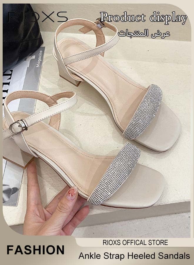 RIOXS Women Chunky Heeled Mules, Square Open Toe Slip-on Sandals with Rhinestone Chains, Trendy Heeled Sandals for Ladies, Ankle Strap Wedding Sandals with Non-slip Sole, Easy to Pair with Jeans or Skirt for Casual Look - Image 5